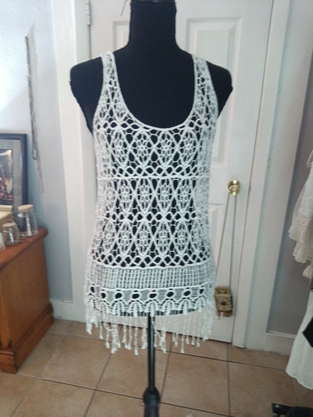 Women’s White Crochet Swim Cover-Up Tank with Fringe